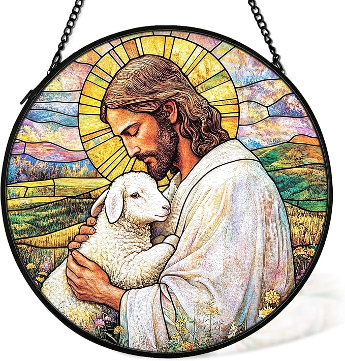 Christian Easter Jesus Lamb Suncatcher Stained Glass Window Hanging Wall Decor, Christian Easter Gifts for Women, the Lord is My Shepherd Sun Catchers Garden Lawn Window Hanging Art, 7.9x7.9In