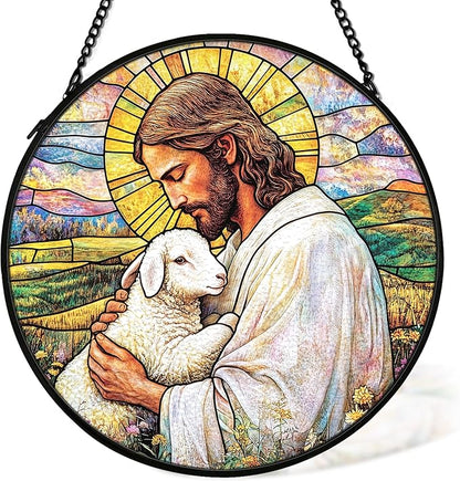 Christian Easter Jesus Lamb Suncatcher Stained Glass Window Hanging Wall Decor, Christian Easter Gifts for Women, the Lord is My Shepherd Sun Catchers Garden Lawn Window Hanging Art, 7.9x7.9In