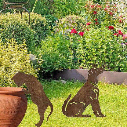 Rusty Metal Dog Cat Garden Stakes, 2 Pcs Decorative Garden Stakes Animal Silhouette Statues for Yard Art Outside, Lawn,Patio, Outdoor Decor,Cat Dog Decor for Animals Lovers