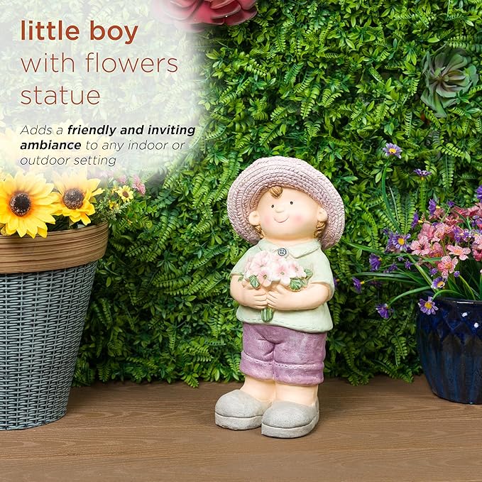 Alpine Corporation QWR1458 Outdoor Little Boy with Flowers Garden Statue, Playful Child Statue for Yard, 16" H, Purple