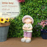 Alpine Corporation QWR1458 Outdoor Little Boy with Flowers Garden Statue, Playful Child Statue for Yard, 16" H, Purple