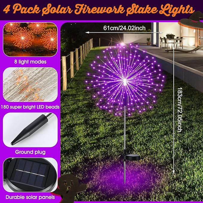 Tujoe 6 Pcs Easter Solar Firework Stake Lights 180 LED 8 Modes Solar Waterproof LED Sparkler Lights Outdoor Decoration for Christmas Holiday Garden Patio Yard Pathway Walkway, Orange, Purple