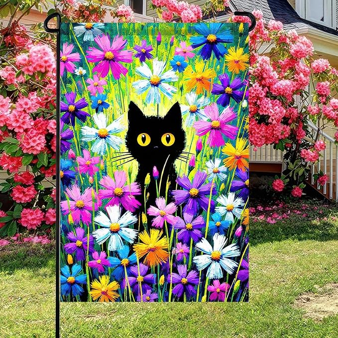 BlissYard Welcome Spring Summer Garden Flag Spring Black Cat Garden Flag 12x18 Double Sided Kitty Yard Lawn Daisy Pansy Flower Floral Outside Decoration Seasonal Farmhouse Outdoor Small Porch Decor