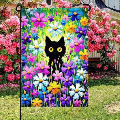 BlissYard Welcome Spring Summer Garden Flag Spring Black Cat Garden Flag 12x18 Double Sided Kitty Yard Lawn Daisy Pansy Flower Floral Outside Decoration Seasonal Farmhouse Outdoor Small Porch Decor