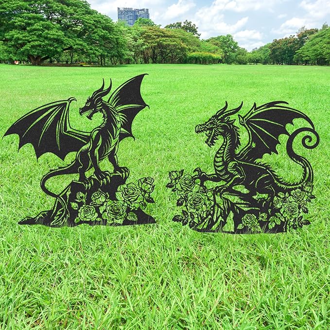 Dragon Decor Garden Stakes - 2 Pcs Metal Yard Art Statues Waterproof Outside Dragons Silhouette Decoration Patio Lawn Backyard Walkway Sign Christmas New Year Birthday Gifts for Women Mom