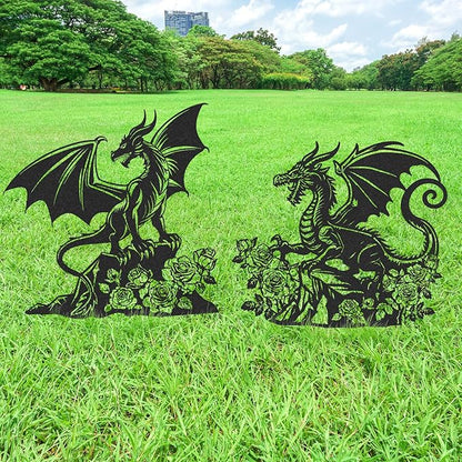 Dragon Decor Garden Stakes - 2 Pcs Metal Yard Art Statues Waterproof Outside Dragons Silhouette Decoration Patio Lawn Backyard Walkway Sign Christmas New Year Birthday Gifts for Women Mom