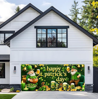 St Patrick’s Day Garage Door Banner 157.5x70.9in Large Garage Door Cover Outdoor Shamrock Leprechaun Decorations for House Exterior Party Decor with Grommets Rope
