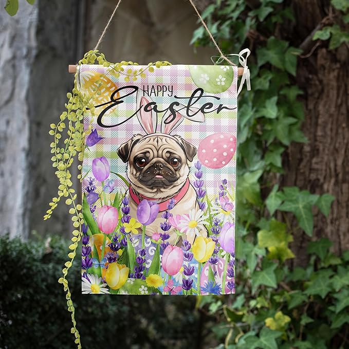 Happy Easter Dog Garden Flag Pug Spring Flags Buffalo Plaid Bunny Eggs Yard Flag for Outside 12x18 Double Sided Small Decorative Floral Outdoor Flag