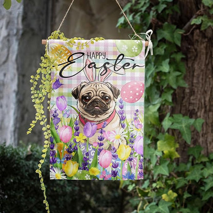 Happy Easter Dog Garden Flag Pug Spring Flags Buffalo Plaid Bunny Eggs Yard Flag for Outside 12x18 Double Sided Small Decorative Floral Outdoor Flag