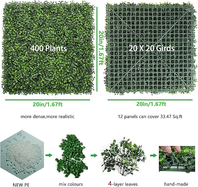 Bybeton 12 Pack 20"x20" Artificial Grass Wall Panels, 4-Layer UV Protected Boxwood Panels, Faux Greenery Wall Backdrop for Outdoor Indoor Privacy Fence Screen, Garden, Balcony & Backyard Decor