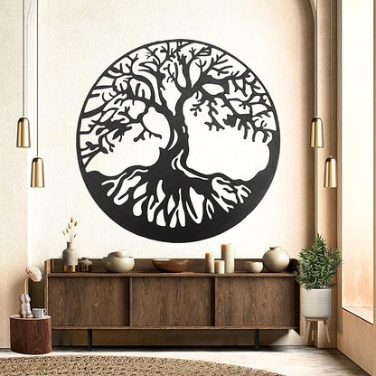 Bellaa 20230 Metal Wall Art Tree Circle Of Life Round Hanging Sculptures Indoor Living Room Outdoor Garden Patio Decor Black 24 inch