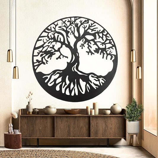 Bellaa 20230 Metal Wall Art Tree Circle Of Life Round Hanging Sculptures Indoor Living Room Outdoor Garden Patio Decor Black 24 inch