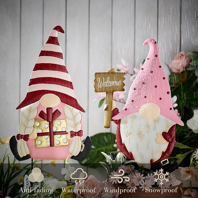 TERESA'S COLLECTIONS Valentines Decorations Outdoor for Home, 2Pcs Metal Gnomes Decor Garden Stakes, Valentine Yard Stakes Gifts for Her Him, Welcome Yard Signs for Outside Lawn Porch Patio, 25"
