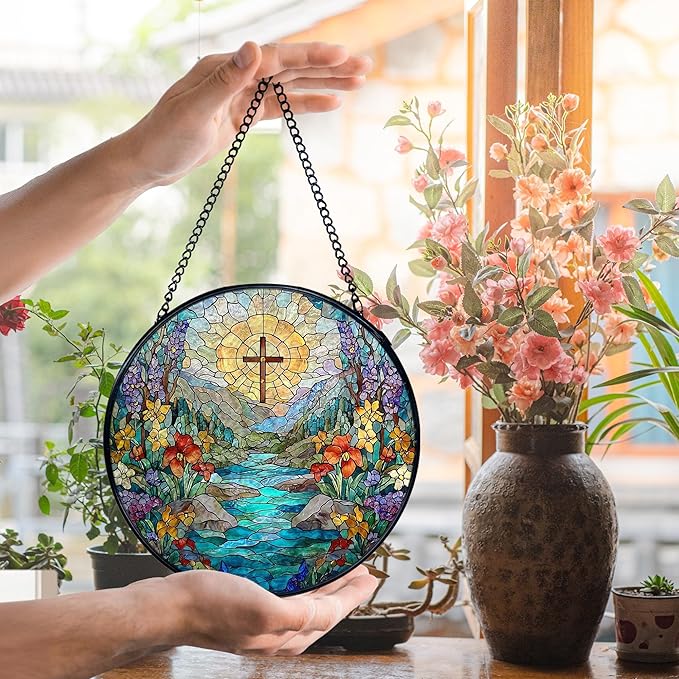 Christian Cross Flower Suncatcher Stained Glass Window Hanging, Cross Wildflower Sun Catchers Indoor Window Glass Wall Art Decor, Religious Wall Hanging Decor Decorations, 7.9x7.9 Inch