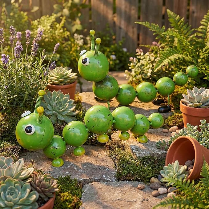 2 Pack Green Metal Caterpillar Garden Statues Outdoor Art, Cute Insect Lawn Ornaments for Backyard Patio Decorations, Funny Animal Yard Decor Gifts for Women Mom
