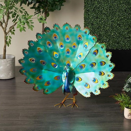 Deco 79 Metal Peacock Decorative Garden Sculpture Garden Statue with Gold Legs and Teal Wings, Outdoor Sculpture 38" x 11" x 33", Blue