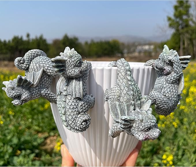 4 PCS Cute Dragon Figurines, Hanging Animal Statue for Planter Pot, Resin Climbing Sculpture Flower Pot and Vase Hugger for Patio Lawn Yard Ornaments