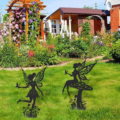 Fairy Garden Decor for Outside - 2 Pcs Metal Yard Stakes Decorative Lawn Patio Pathway Signs Black Silhouette Statue Ornaments Appreciation Housewarming Birthday Gifts for Women Girls Mom
