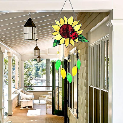 Stained Glass Suncatcher, Sunflower and Ladybug Window Hanging, 20 x 8 inches, Hand-Painted (Style 1)