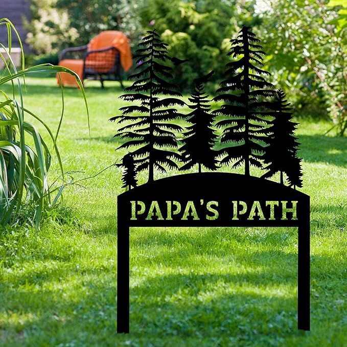 Personalized Pine Tree Metal Garden Sign with Stake, Front Yard Welcome Decorative, Custom Home Garden Decor, Customized Metal Yard Sign, Farmhouse Gardening Backyard Decor, Outside Art, Gift for Mom