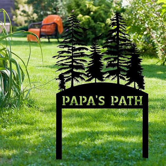 Personalized Pine Tree Metal Garden Sign with Stake, Front Yard Welcome Decorative, Custom Home Garden Decor, Customized Metal Yard Sign, Farmhouse Gardening Backyard Decor, Outside Art, Gift for Mom