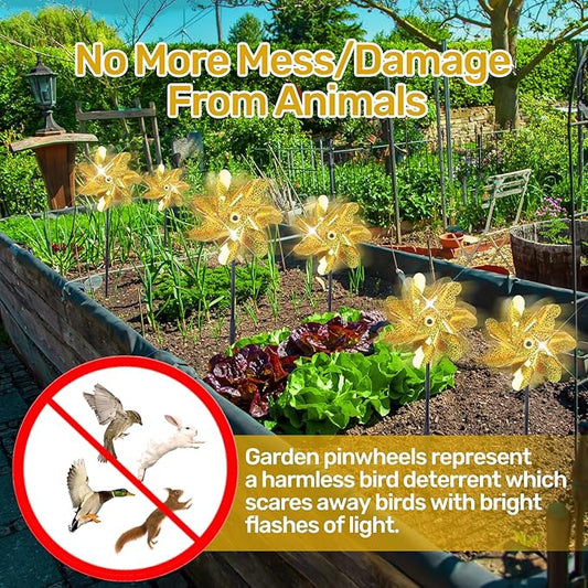 BATTIFE Reflective Pinwheels for Yard and Garden, Pre-Installed Sparkly Blind Birds Pin Wheel, Scare Birds & Animal Away Wind Spinner, 10 Pack (Gold)