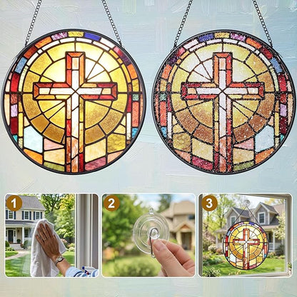 Stained Glass Suncatcher, 7.9 Inch Stained Glass Window Hanging Faith Cross Sun Catcher, Window Hanging Ornament Garden Decor Modern Farmhouse Decoration Catholic Gifts Religious Gifts