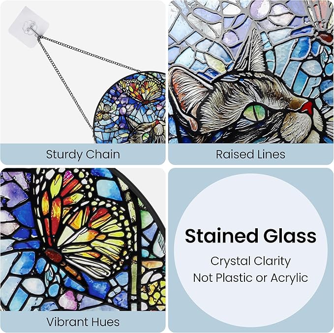 AELS Stained Glass 7.87" Round Suncatcher, Colorful Sun Catcher for Home Garden Window Decor, Window Hanging Ornament Gift for Friends and Family, Cat and Butterfly