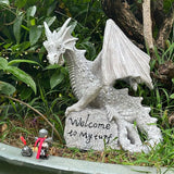 Garden Large Dragon Statue Solar Powered Outdoor Figurine Light The Dragonfire Welcome to My Turf Sign Big Resin Sculpture Home Decoration Housewarming Ornament Unique Gift