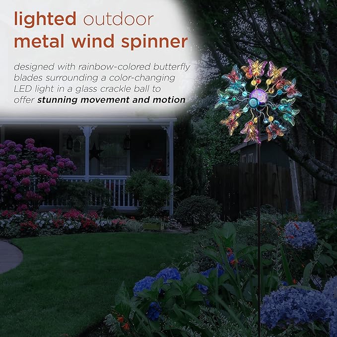 Alpine Corporation 60" Tall Outdoor Solar Metal Butterfly Wind Spinners with Color Changing LED Lights, Garden Decor, Multicolor