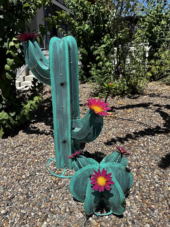 Colorful Metal Saguaro Cactus with Flowers - Handmade Garden Decor (Turquoise)