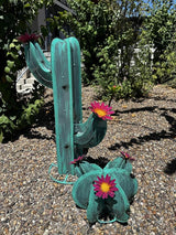 Colorful Metal Saguaro Cactus with Flowers - Handmade Garden Decor (Turquoise)