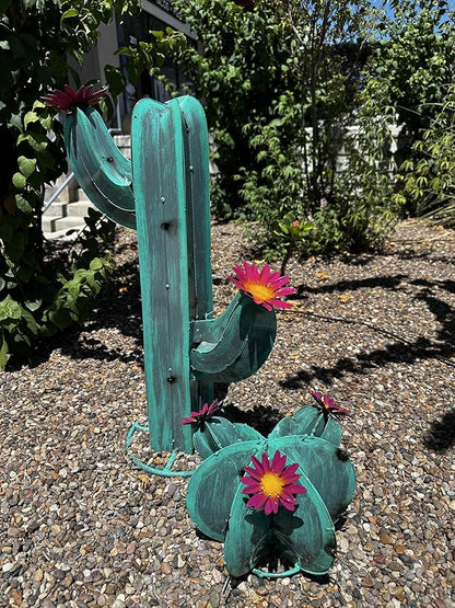 Colorful Metal Saguaro Cactus with Flowers - Handmade Garden Decor (Turquoise)
