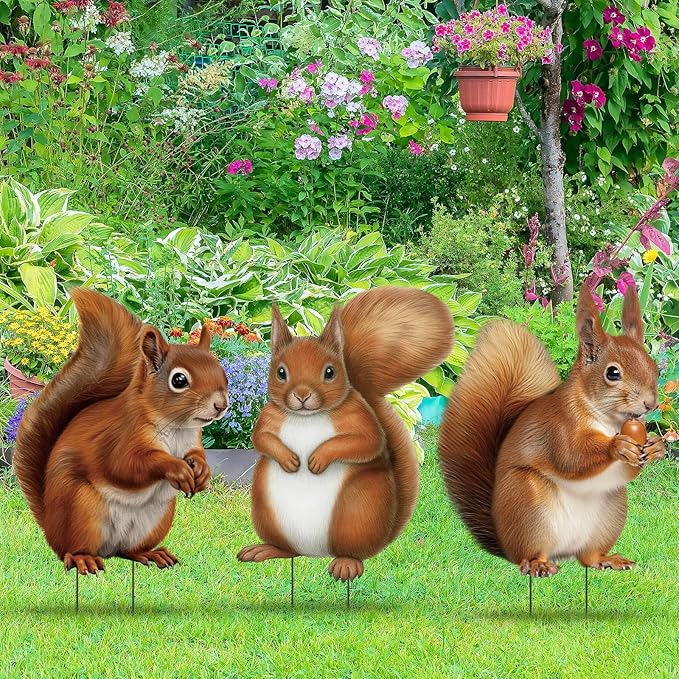 Silkfly 3 Pack Metal Squirrel Garden Stakes Spring Summer Outdoor Decorative Woodland Squirrel Figurine Statue for Garden Outside Yard Patio Lawn Outdoor Home Decorations