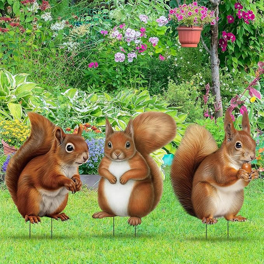 Silkfly 3 Pack Metal Squirrel Garden Stakes Spring Summer Outdoor Decorative Woodland Squirrel Figurine Statue for Garden Outside Yard Patio Lawn Outdoor Home Decorations