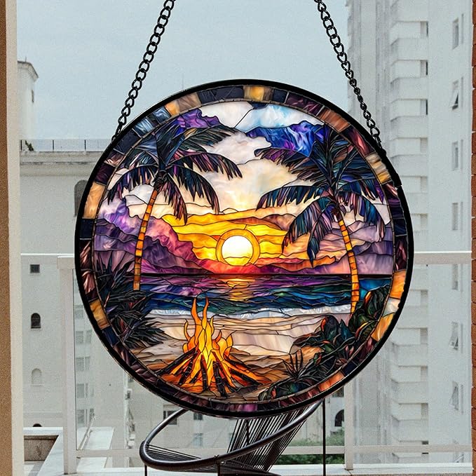 DASTOLL Stained Glass Window Hanging,Bonfire Beach Landscape Suncatcher Diamond Glass Panel Sun Catchers Decor for Birthday for Women, Men, Wife, Aunt, and Mom 14.9x14.9 in