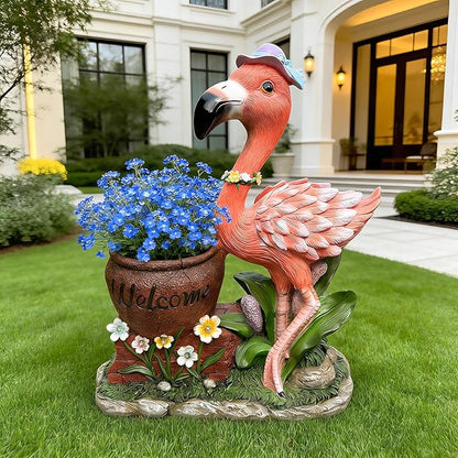 Flamingo Garden Statue Planter with Welcome Sign & Solar LED Light, Waterproof Outdoor Resin Yard Decor, Front Porch Ornament Housewarming Gift(Right Pink Flamingo)