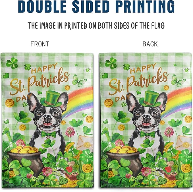 Boston Terrier St Patricks Day Garden Flag Dog St Patrick's Day Yard Flags for Outside 12x18 Double Sided Buffalo Plaid Shamrock Flag Small Outdoor Rainbow St Patrick's Decor