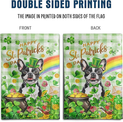 Boston Terrier St Patricks Day Garden Flag Dog St Patrick's Day Yard Flags for Outside 12x18 Double Sided Buffalo Plaid Shamrock Flag Small Outdoor Rainbow St Patrick's Decor