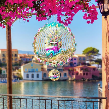 Hanging Wind Spinners Outdoor - 3D Metal Wind Spinner Truck Floral Stainless Steel Decor 12 Inch Kinetic Spinning Art Ornaments for Garden Patio Porch Indoor Home Birthday Gifts for Women Mom