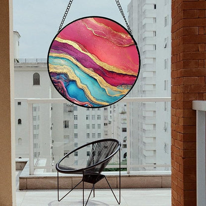 CHATYOUNG Stained Glass Window Hanging Abstract Red Gold Large 15" - Suncatcher Door Garden Sunroom Sun Catcher Decor Housewarming Christmas Birthday for Mom Grandma Nana Woman Home Owner Friend