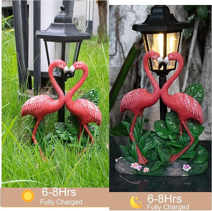 Garden Flamingo Outdoor Statue with Solar Lantern Unique Double Head Flamingo Gifts for Women,Mom,Lover Outdoor Figurine for Yard, Patio, Balcony