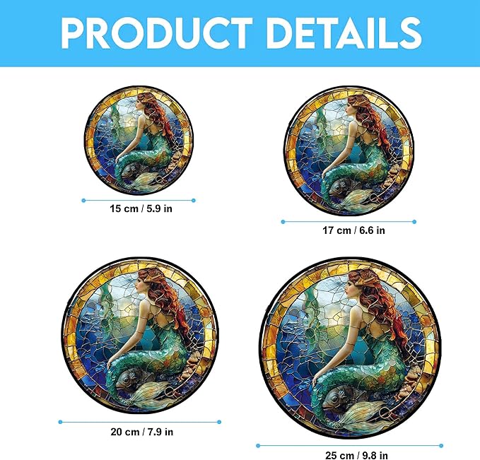 Mermaid Suncatcher Stained Glass Window Hanging Stained Glass Suncatchers Metal Chain Outdoor Garden Decor Gift for Women Christmas Thanksgiving (12”x12”)