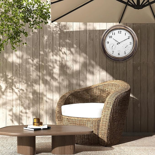 Outdoor Clocks Waterproof, 18 in Large Outdoor Clock for Patio w/Thermometer Hygrometer, Silent Battery Operated Decorative Vintage Outdise/Indoor Wall Clock for Living Room,Bathroom,Pool-Bronze