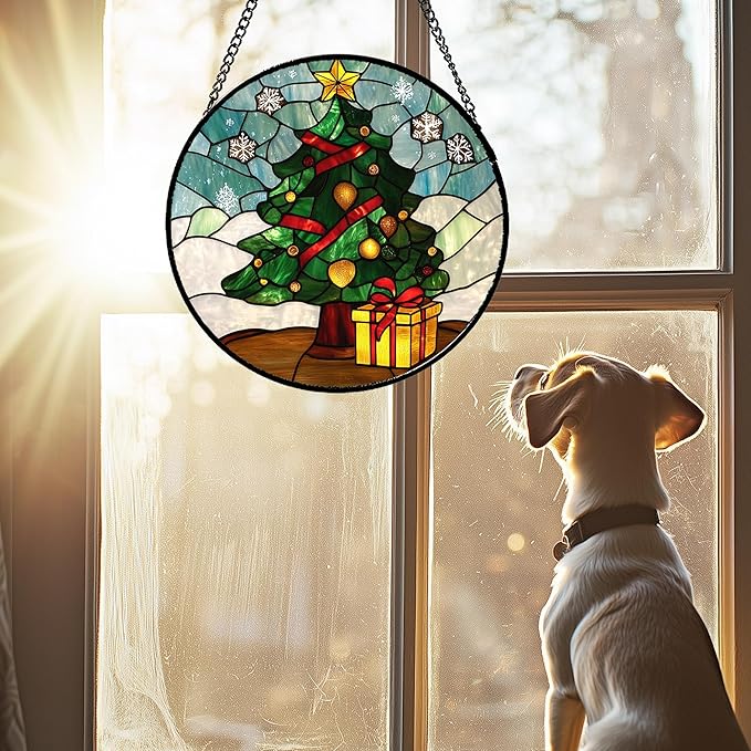 DASTOLL Stained Glass Window Hanging Green Christmas Tree Snowflake 9.8" - Suncatcher Door Garden Sun Catcher Xmas Holiday Decor Birthday for Mom Men Woman Friend Nana