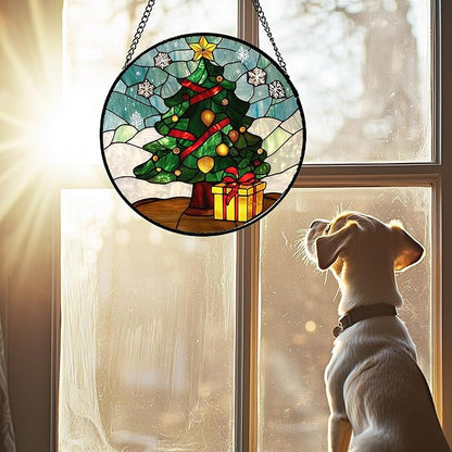 DASTOLL Stained Glass Window Hanging Green Christmas Tree Snowflake 6.3" - Suncatcher Door Garden Sun Catcher Xmas Holiday Decor Birthday for Mom Men Woman Friend Nana