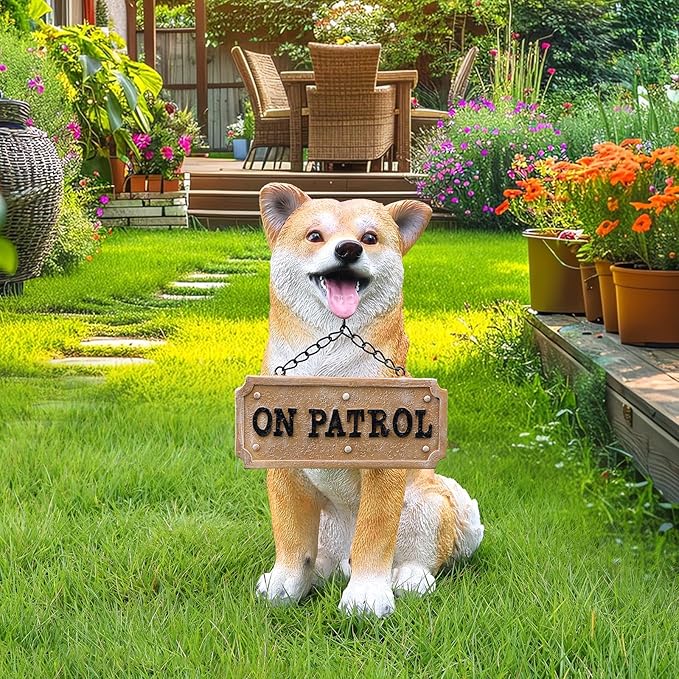 Akita Dog Garden Statue with Solar Lantern & Interchangeable Welcome/On Patrol Sign, Outdoor Resin Puppy Sculpture Decor for Patio, Porch, Yard, Lawn Ornament, Gift for Dog Lovers