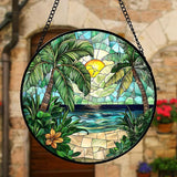 DASTOLL Stained Glass Window Hanging, Green Beach Scenery Suncatcher Diamond Glass Panel Hangings Sun Catchers Decor for Birthday for Women, Men, Wife, Aunt, and Mom 9.8 in