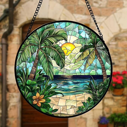 DASTOLL Stained Glass Window Hanging, Green Beach Scenery Suncatcher Diamond Glass Panel Hangings Sun Catchers Decor for Birthday for Women, Men, Wife, Aunt, and Mom 11.8x11.8 in