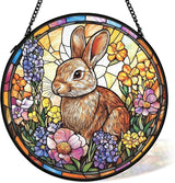 Spring Easter Bunny Rabbit Suncatcher Stained Glass Window Hanging Wall Decorations Decor, Easter Bunny Gifts for Women, Spring Floral Sun Catchers Garden Window Hanging Wall Art, 7.9x7.9Inch